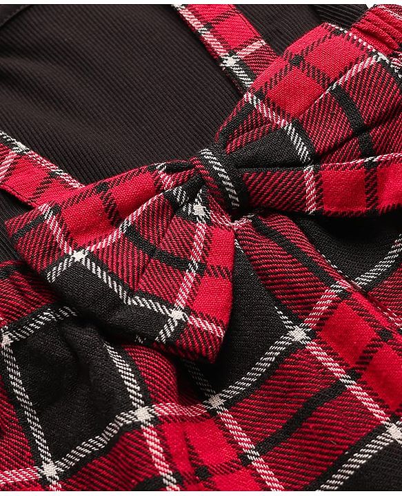 Babyhug Cotton Woven Full Sleeves Frock with Check Print Bow Applique - Black & Red