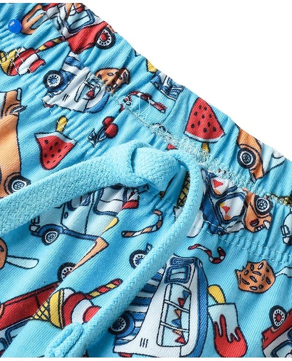 Babyhug Cotton Knit Full Length Vehicles Printed Lounge Pant With Vehicles Print - Light Blue
