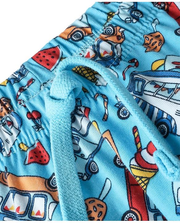 Babyhug Cotton Knit Full Length Vehicles Printed Lounge Pant With Vehicles Print - Light Blue