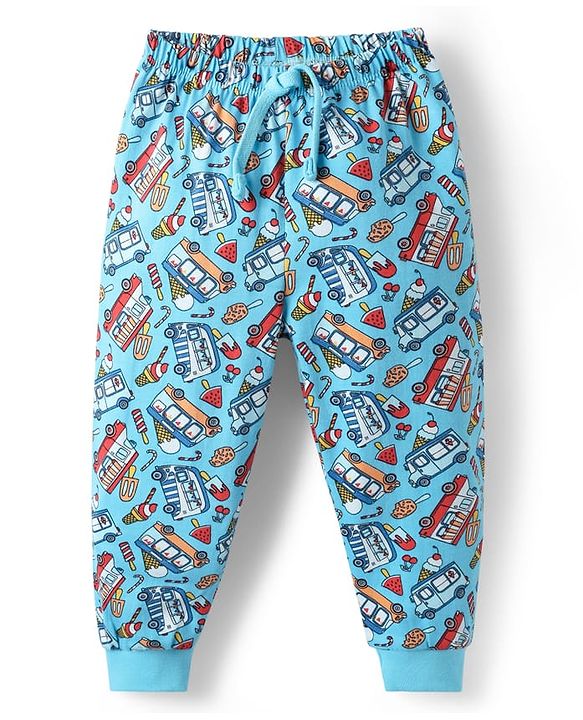 Babyhug Cotton Knit Full Length Vehicles Printed Lounge Pant With Vehicles Print - Light Blue