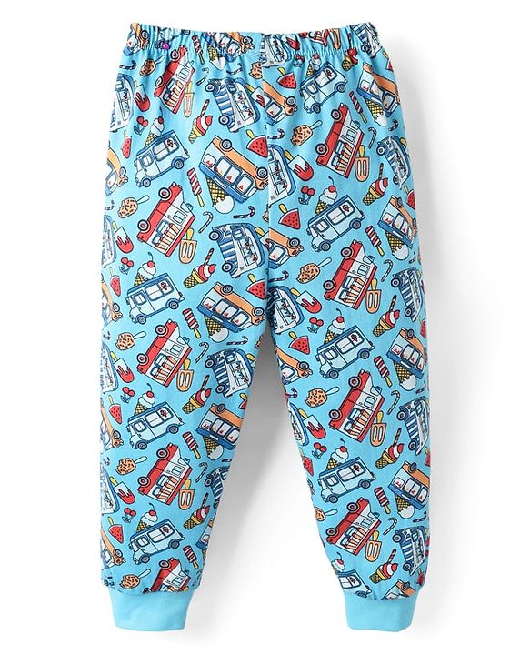 Babyhug Cotton Knit Full Length Vehicles Printed Lounge Pant With Vehicles Print - Light Blue