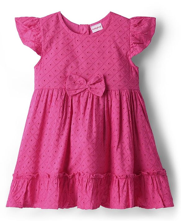 Babyhug 100% Cotton Half Sleeves Frock With Embroidery & Bow Applique - Dark Pink