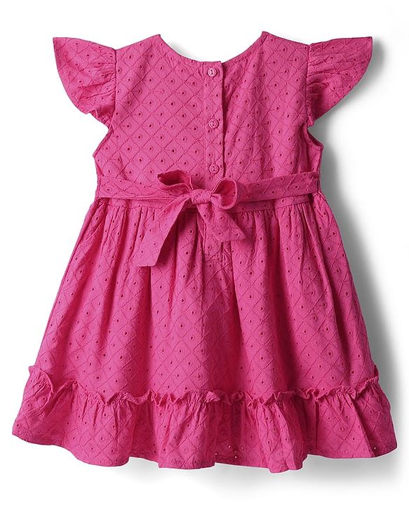 Babyhug 100% Cotton Half Sleeves Frock With Embroidery & Bow Applique - Dark Pink