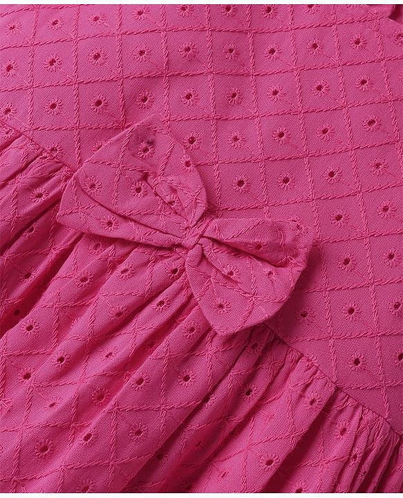 Babyhug 100% Cotton Half Sleeves Frock With Embroidery & Bow Applique - Dark Pink