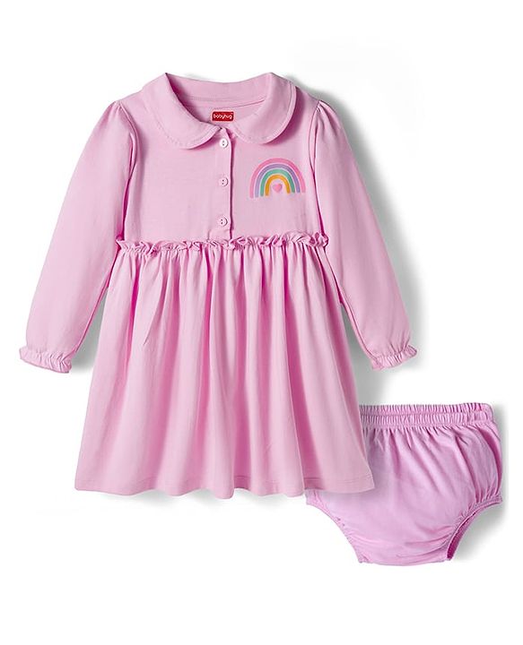 Babyhug Single Jersey Woven Full Sleeves Frock With Bloomers With Rainbow Print - Pink