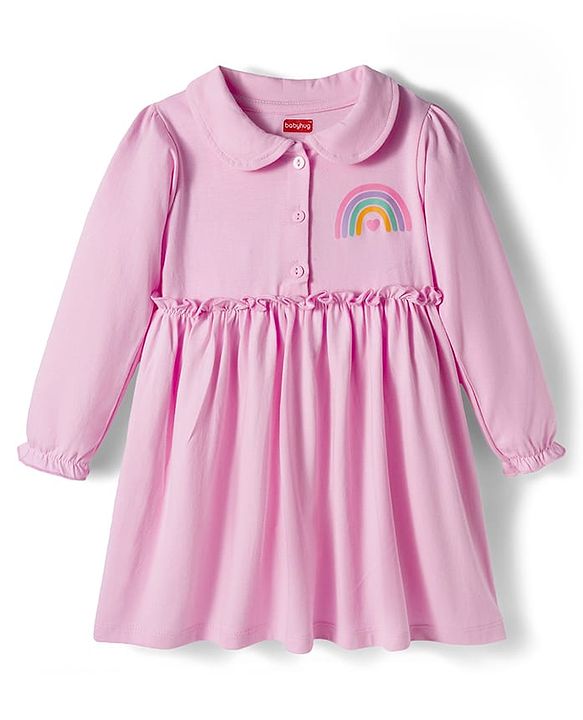 Babyhug Single Jersey Woven Full Sleeves Frock With Bloomers With Rainbow Print - Pink
