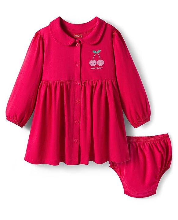 Babyhug Single Jersey Woven Full Sleeves Frock With Bloomers & Cherry Print - Maroon