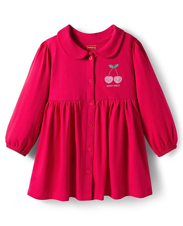 Babyhug Single Jersey Woven Full Sleeves Frock With Bloomers & Cherry Print - Maroon