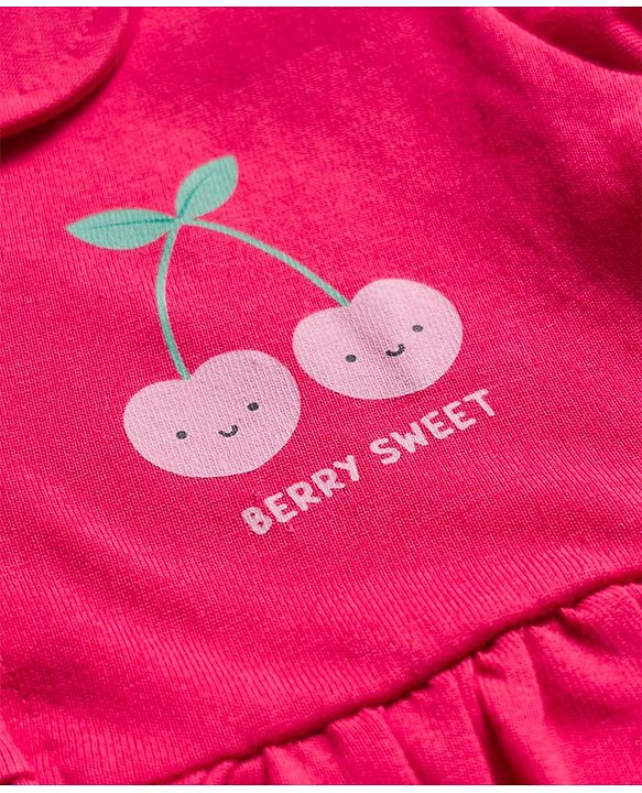 Babyhug Single Jersey Woven Full Sleeves Frock With Bloomers & Cherry Print - Maroon