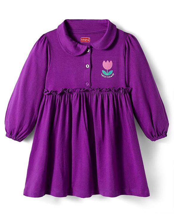 Babyhug Single Jersey Knit Full Sleeves Frock With Bloomer & Floral Print - Purple
