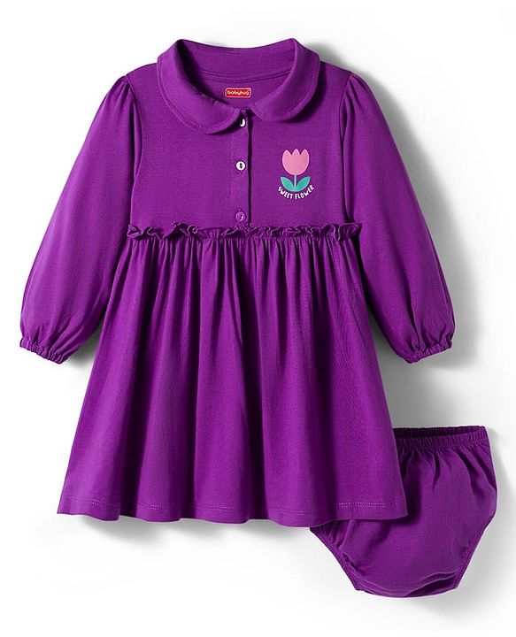 Babyhug Single Jersey Knit Full Sleeves Frock With Bloomer & Floral Print - Purple