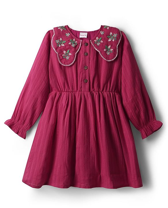Babyhug 100% Cotton Full Sleeves Frock With Floral Embroidery - Dark Pink
