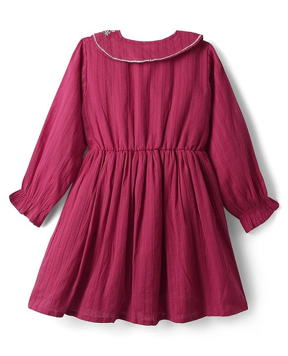 Babyhug 100% Cotton Full Sleeves Frock With Floral Embroidery - Dark Pink