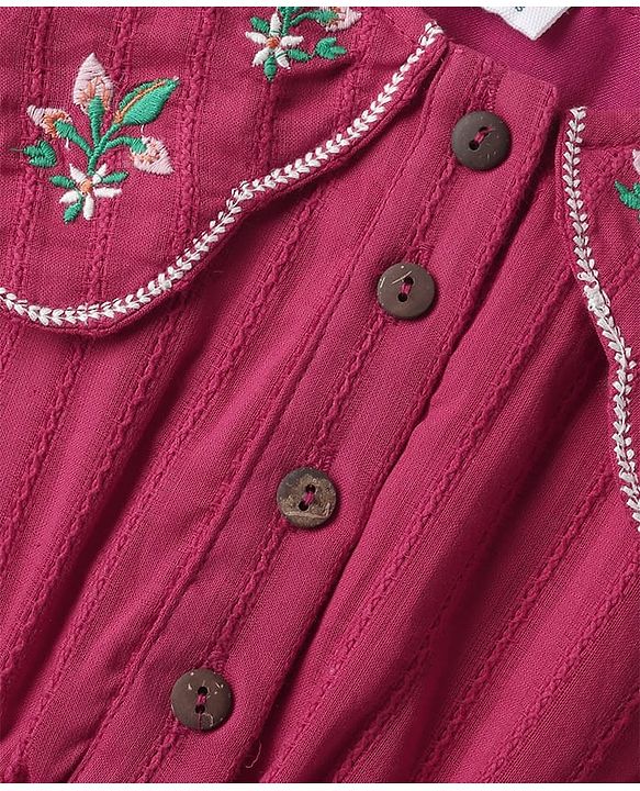 Babyhug 100% Cotton Full Sleeves Frock With Floral Embroidery - Dark Pink