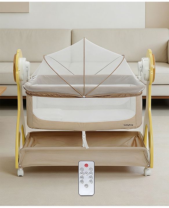 Babyhug Sun Flower Wooden Electric Cradle with Mosquito Net - Beige| 3 Level Swing| Sturdy Wooden Frame| 3 Preset Timer| Soothing Music| Wheels with Lock| Mesh Sides for Ventilation| Newborn Essential