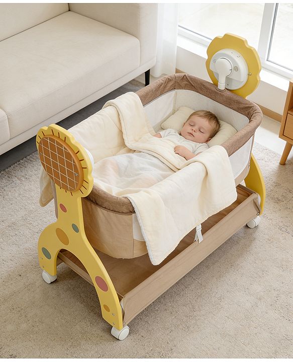 Babyhug Sun Flower Wooden Electric Cradle with Mosquito Net - Beige| 3 Level Swing| Sturdy Wooden Frame| 3 Preset Timer| Soothing Music| Wheels with Lock| Mesh Sides for Ventilation| Newborn Essential