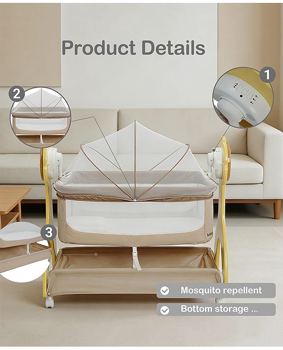 Babyhug Sun Flower Wooden Electric Cradle with Mosquito Net - Beige| 3 Level Swing| Sturdy Wooden Frame| 3 Preset Timer| Soothing Music| Wheels with Lock| Mesh Sides for Ventilation| Newborn Essential