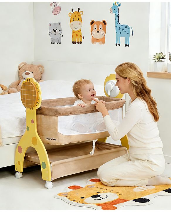 Babyhug Sun Flower Wooden Electric Cradle with Mosquito Net - Beige| 3 Level Swing| Sturdy Wooden Frame| 3 Preset Timer| Soothing Music| Wheels with Lock| Mesh Sides for Ventilation| Newborn Essential