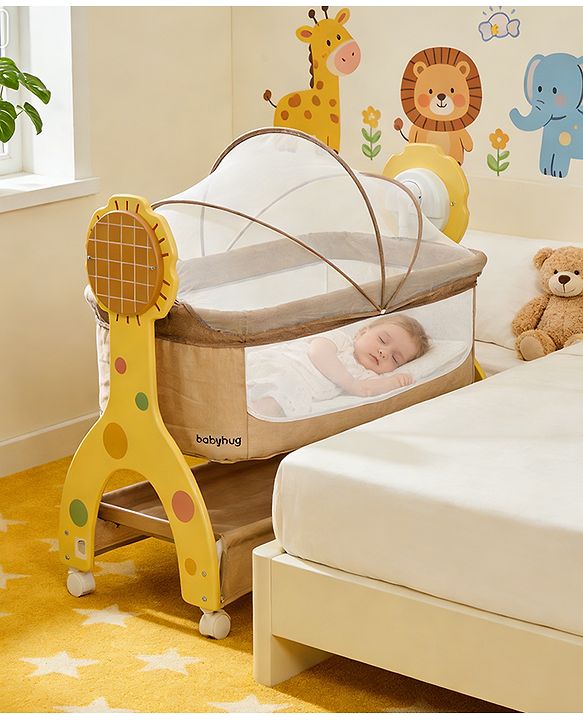 Babyhug Sun Flower Wooden Electric Cradle with Mosquito Net - Beige| 3 Level Swing| Sturdy Wooden Frame| 3 Preset Timer| Soothing Music| Wheels with Lock| Mesh Sides for Ventilation| Newborn Essential