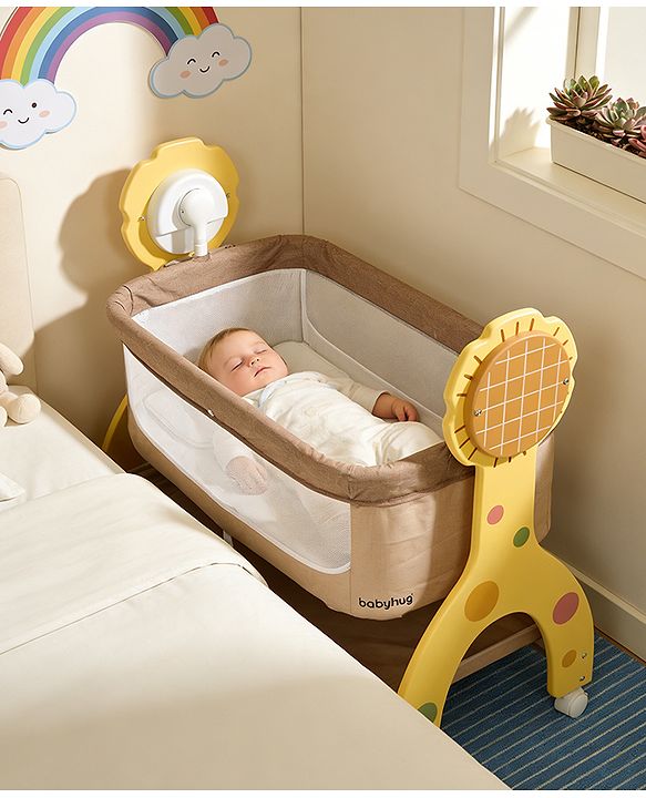 Babyhug Sun Flower Wooden Electric Cradle with Mosquito Net - Beige| 3 Level Swing| Sturdy Wooden Frame| 3 Preset Timer| Soothing Music| Wheels with Lock| Mesh Sides for Ventilation| Newborn Essential