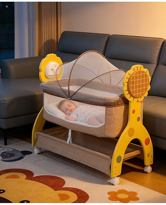 Babyhug Sun Flower Wooden Electric Cradle with Mosquito Net - Beige| 3 Level Swing| Sturdy Wooden Frame| 3 Preset Timer| Soothing Music| Wheels with Lock| Mesh Sides for Ventilation| Newborn Essential