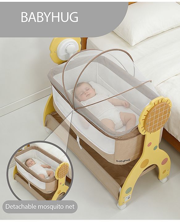 Babyhug Sun Flower Wooden Electric Cradle with Mosquito Net - Beige| 3 Level Swing| Sturdy Wooden Frame| 3 Preset Timer| Soothing Music| Wheels with Lock| Mesh Sides for Ventilation| Newborn Essential
