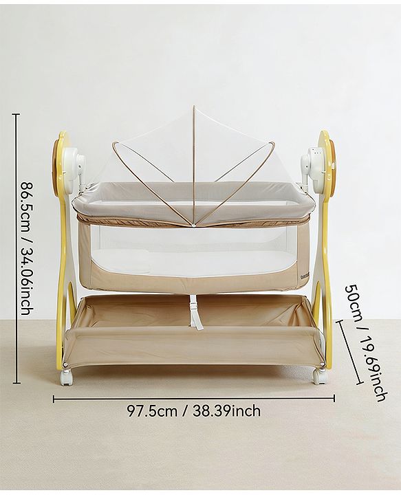 Babyhug Sun Flower Wooden Electric Cradle with Mosquito Net - Beige| 3 Level Swing| Sturdy Wooden Frame| 3 Preset Timer| Soothing Music| Wheels with Lock| Mesh Sides for Ventilation| Newborn Essential