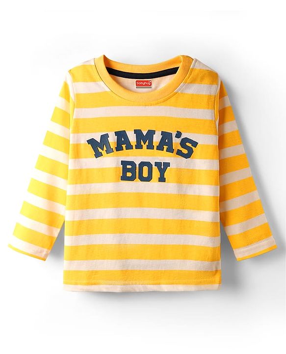 Babyhug 100% Cotton Knit Full Sleeves T-Shirt with Stripes & Mama's Boy Text Print - Yellow & White