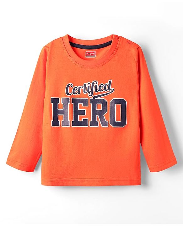 Babyhug 100% Cotton Knit Full Sleeves T-Shirt with Certified  Hero Text Print - Orange
