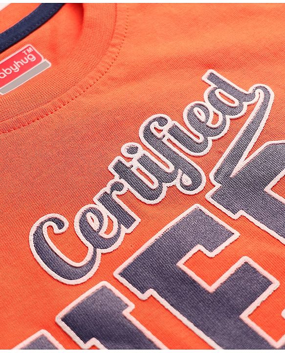Babyhug 100% Cotton Knit Full Sleeves T-Shirt with Certified  Hero Text Print - Orange