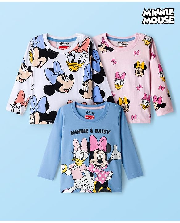 Babyhug Disney Single Jersey Knit Full Sleeves T-Shirt with Minnie and Friends Graphics Pack of 3 - Light Blue Pink & White