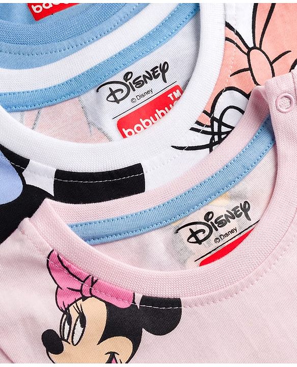 Babyhug Disney Single Jersey Knit Full Sleeves T-Shirt with Minnie and Friends Graphics Pack of 3 - Light Blue Pink & White