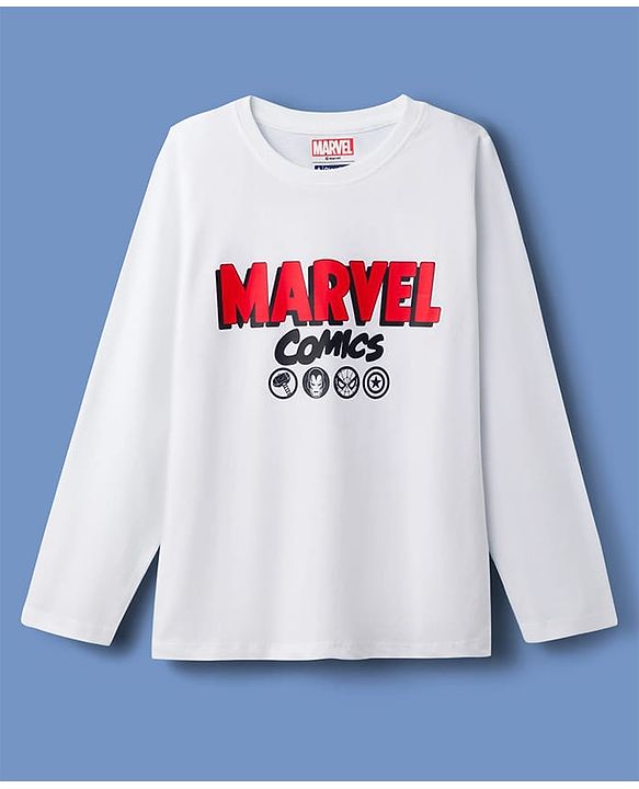 Pine Kids Marvel Single Jersey Knit Full Sleeves T-Shirt with Front & Back Avengers Graphics - White