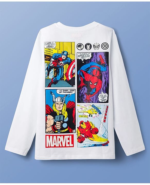 Pine Kids Marvel Single Jersey Knit Full Sleeves T-Shirt with Front & Back Avengers Graphics - White