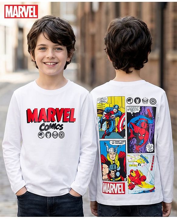 Pine Kids Marvel Single Jersey Knit Full Sleeves T-Shirt with Front & Back Avengers Graphics - White