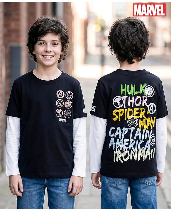 Pine Kids Marvel Single Jersey Knit Full Doctor Sleeves T-Shirt with Front & Back Avengers Graphics - Black