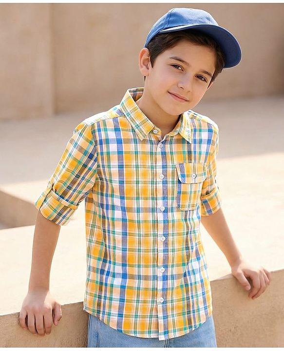 Pine Kids Cotton Woven Full Sleeves Checkered Shirt - Yellow