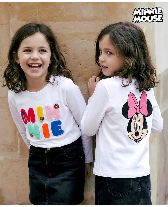 Babyhug Disney Single Jersey Knit Full Sleeves T-Shirt With Minnie Mouse Graphics & Patch Detailing & Back Print - White
