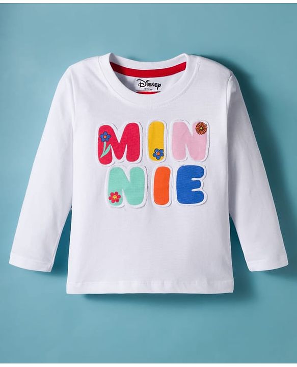 Babyhug Disney Single Jersey Knit Full Sleeves T-Shirt With Minnie Mouse Graphics & Patch Detailing & Back Print - White