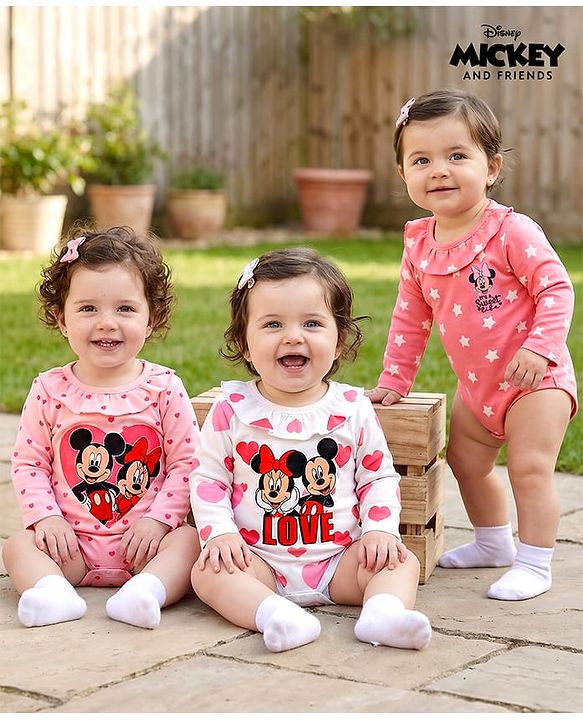 Babyhug Disney Interlock Knit Full Sleeves Onesies with Minnie & Friends Graphics Pack of 3 - Pink & White