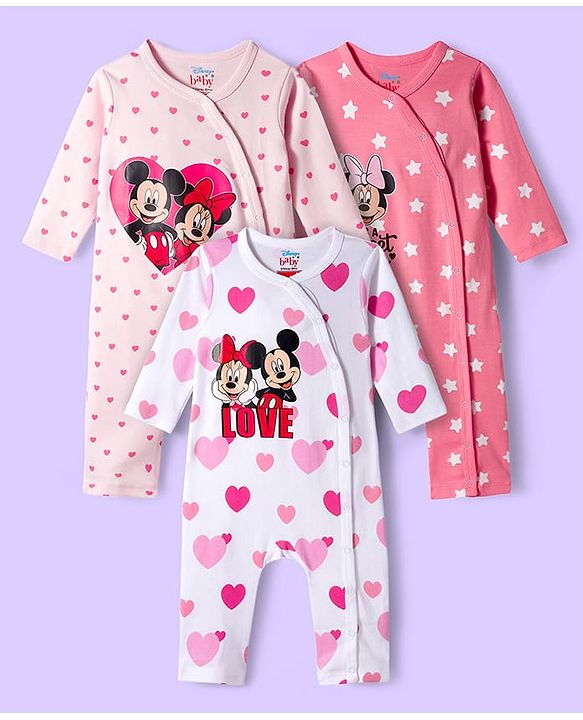 Babyhug Disney Interlock Knit Full Sleeve Rompers with Heart Minnie & Mickey Mouse Graphics Pack of 3 - Pink & White