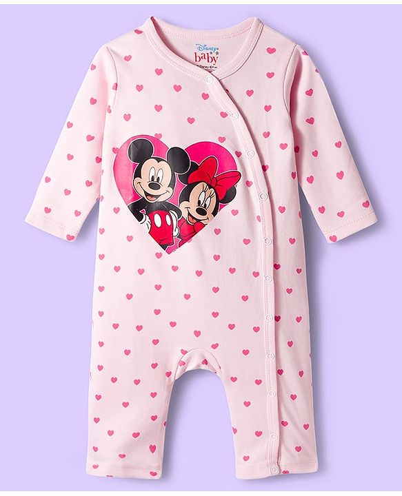 Babyhug Disney Interlock Knit Full Sleeve Rompers with Heart Minnie & Mickey Mouse Graphics Pack of 3 - Pink & White