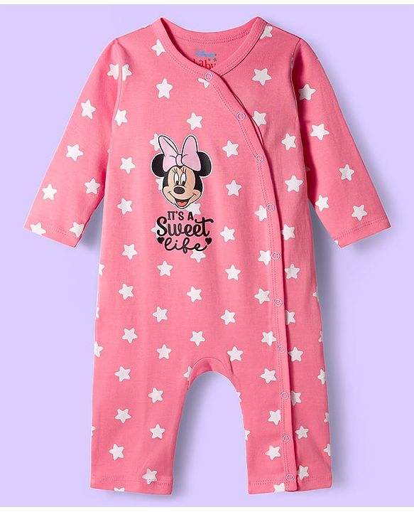 Babyhug Disney Interlock Knit Full Sleeve Rompers with Heart Minnie & Mickey Mouse Graphics Pack of 3 - Pink & White