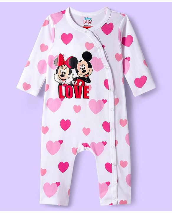 Babyhug Disney Interlock Knit Full Sleeve Rompers with Heart Minnie & Mickey Mouse Graphics Pack of 3 - Pink & White
