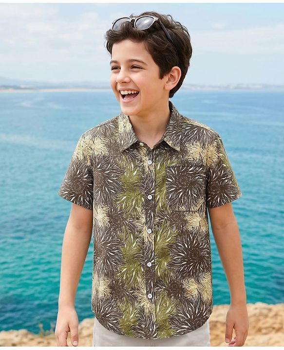Pine Kids Cotton Woven Half Sleeves Printed Shirt - Green