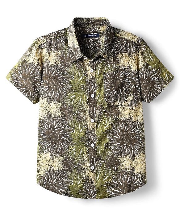 Pine Kids Cotton Woven Half Sleeves Printed Shirt - Green