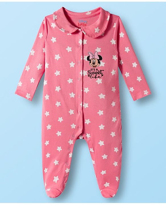 Babyhug Disney Interlock Knit Full Sleeves Sleep Suits With Minnie & Friends Graphics Pack Of 2 - Pink & White