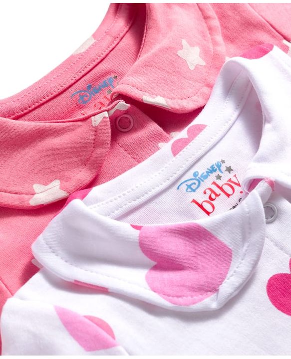Babyhug Disney Interlock Knit Full Sleeves Sleep Suits With Minnie & Friends Graphics Pack Of 2 - Pink & White
