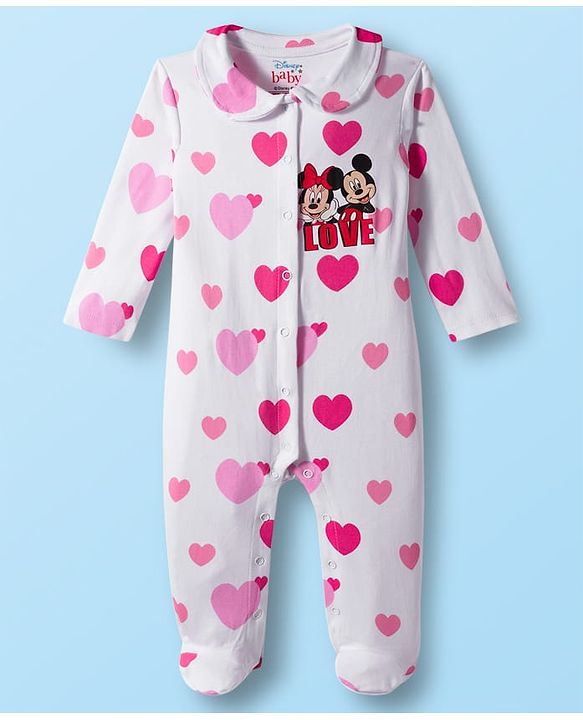 Babyhug Disney Interlock Knit Full Sleeves Sleep Suits With Minnie & Friends Graphics Pack Of 2 - Pink & White
