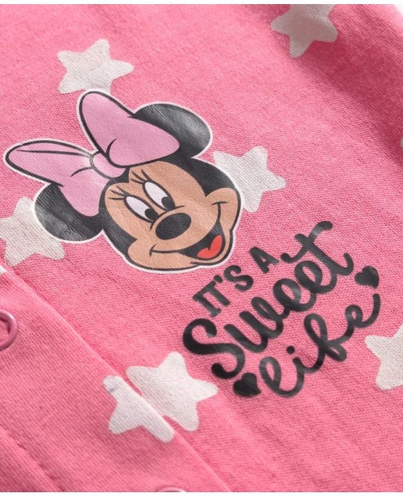 Babyhug Disney Interlock Knit Full Sleeves Sleep Suits With Minnie & Friends Graphics Pack Of 2 - Pink & White